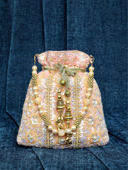Peora - Peach Sequins Hand Embroidered Evening Bridal Potli