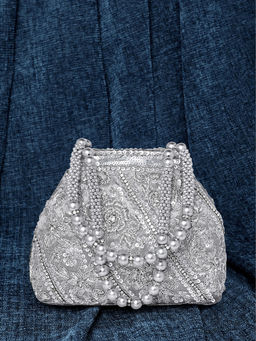 Peora - Silver Embroidered Casual Evening Bridal Potli Style Purse for Women