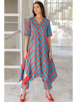Silai Studio - Poppy and Blue Stripe Kurta and Pant (Set of 2)