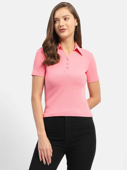 Madame - Solid Pink Polo Neck T-shirt
