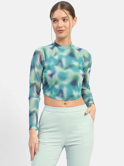 Madame - Abstract Print Mint Green Asymmetrical Hem Top
