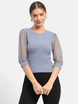 Madame - Knit Sleeve Grey Regular Top