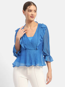 Madame - Surplice Neck Royal Blue Poet Sleeve Top