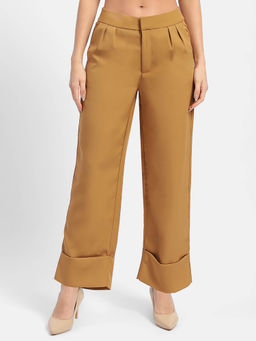 Madame - Front Pleated Brown Rolled Hem Trousers