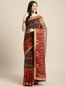 Sangam Prints - Pink Kota Embroidery Traditional Saree with Unstitched Blouse