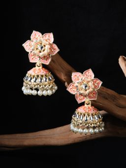 Fida - Wedding Gold Plated Pink Floral Enamel Jhumka Earrings For Women