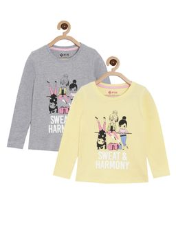 3PIN - Printed Full Sleeve T-shirt For Girls Grey & Yellow (Pack of 2)