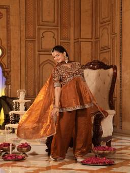 Colors Of Earth - Rust Embroidered Silk Peplum Kurti and Palazzo with Dupatta