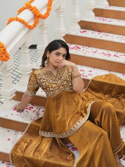 Colors Of Earth - Golden Embroidered Silk Peplum Kurti and Palazzo with Dupatta