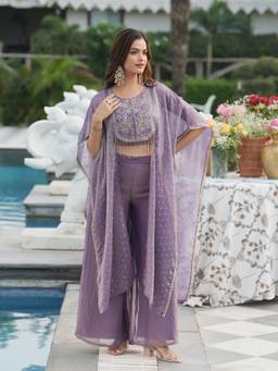 Colors Of Earth - Purple Embroidered Silk Shrug and Top with Palazzo
