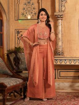 Colors Of Earth - Rust Embroidered Silk Shrug and Top with Palazzo