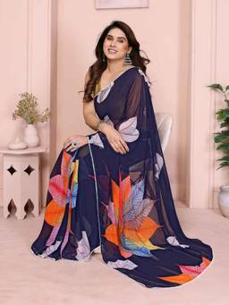 URBAN PALLU - Navy Blue Pixie Lane Floral Pure Chiffon Saree