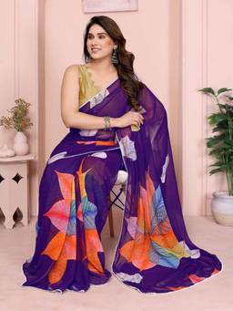 URBAN PALLU - Purple Pixie Lane Floral Pure Chiffon Designer Saree