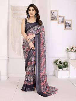 URBAN PALLU - Black Floral Poly Chiffon Designer Saree