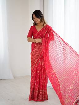 URBAN PALLU - Red Pixie Lane Ethnic Motifs Zari Poly Chiffon Designer Saree