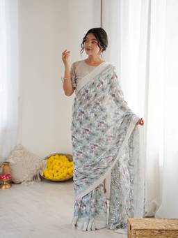 URBAN PALLU - Grey Floral Poly Chiffon Designer Saree