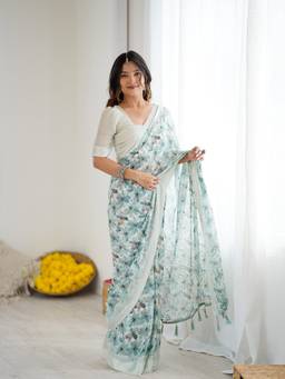 URBAN PALLU - Green Pixie Lane Floral Poly Chiffon Saree