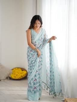 URBAN PALLU - Blue Floral Poly Chiffon Saree