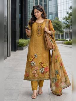 BERRYLICIOUS - Cotton Yellow Printed Kurta with Pant and Dupatta