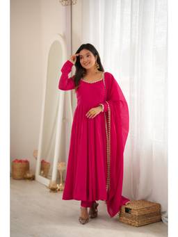 THE52 - Pink Chanderi Embroidered Anarkali Kurta and Pant with Dupatta
