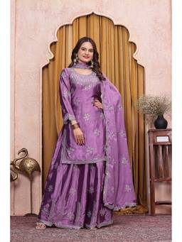 THE52 - Purple Chinon Embroidered Kurta and Palazzo with Dupatta