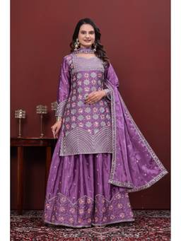 THE52 - Purple Chinon Embroidered Kurta and Palazzo with Dupatta