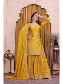 THE52 - Yellow Chinon Embroidered Kurta and Palazzo with Dupatta