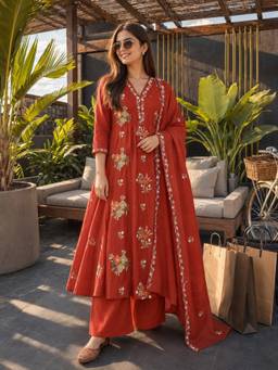 BERRYLICIOUS - Orange Chanderi Embroidered Anarkali Kurta with Palazzo and Dupatta