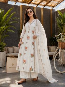 BERRYLICIOUS - White Chanderi Embroidered Anarkali Kurta with Palazzo and Dupatta