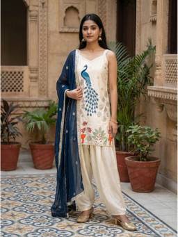 THE52 - Off White Crepe Embroidered Kurta and Salwar with Dupatta