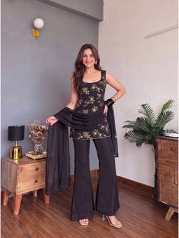 THE52 - Black Georgette Embroidered Kurta and Palazzo with Dupatta