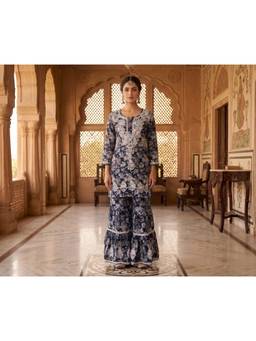 Khaka-The Chikankari Heritage - Blue Mulmul Chikankari Handwork Kurta and Sharara