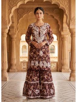 Khaka-The Chikankari Heritage - Brown Mulmul Chikankari Handwork Kurta and Sharara