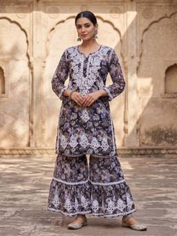 Khaka-The Chikankari Heritage - Purple Mulmul Chikankari Handwork Kurta and Sharara