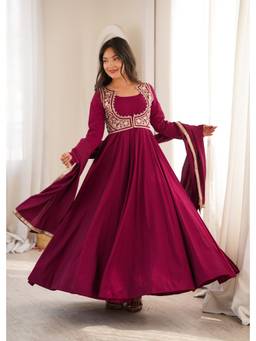 THE52 - Pink Silk Blend Solid/Plain Anarkali Kurta and Pant with Dupatta