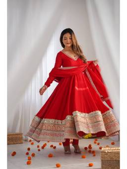THE52 - Red Silk Blend Embroidered Anarkali Kurta and Pant with Dupatta