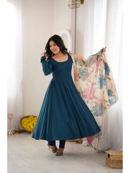 THE52 - Teal Rayon Solid/Plain Anarkali Kurta and Pant with Dupatta