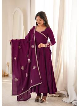 THE52 - Wine Rayon Embroidered Anarkali Kurta and Pant with Dupatta