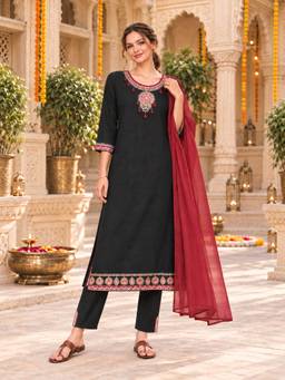 Nayam by lakshita - Black Viscose Rayon Embroidered Kurta and Pant with Dupatta