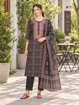 Nayam by lakshita - Black Viscose Rayon Floral Kurta and Pant with Dupatta