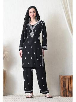 SYRISH - Black Viscose Rayon Chikankari Kurta with Palazzo