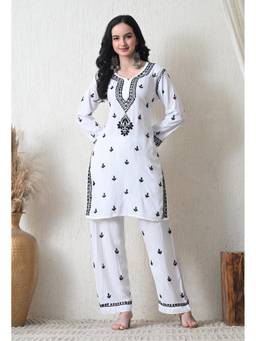 SYRISH - White Viscose Rayon Chikankari Kurta with Palazzo