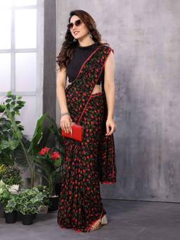 URBAN PALLU - Black Pixie Lane Floral Pure Chiffon Saree