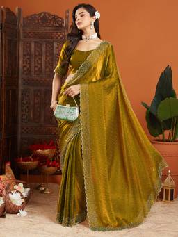 URBAN PALLU - Mustard Embellished Beads and Stones Organza Heavy Work Saree