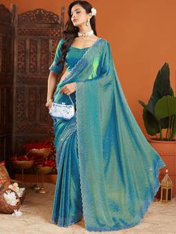 URBAN PALLU - Teal Embellished Beads and Stones Organza Heavy Work Saree