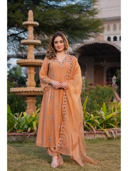 THE52 - Peach Crepe Embroidered Anarkali Kurta and Palazzo with Dupatta
