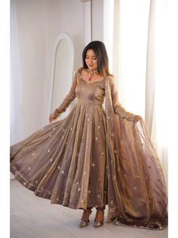 THE52 - Gold Satin Embroidered Anarkali Kurta and Pant with 1 Dupatta