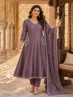 BERRYLICIOUS - Lavender Vichitra Silk Embroidered Anarkali Kurta with Pant and Dupatta