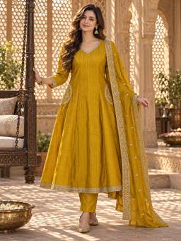 BERRYLICIOUS - Mustard Vichitra Silk Embroidered Anarkali Kurta with Pant and Dupatta