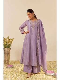THE52 - Lavender Silk Blend Embroidered Anarkali Kurta and Palazzo with Dupatta